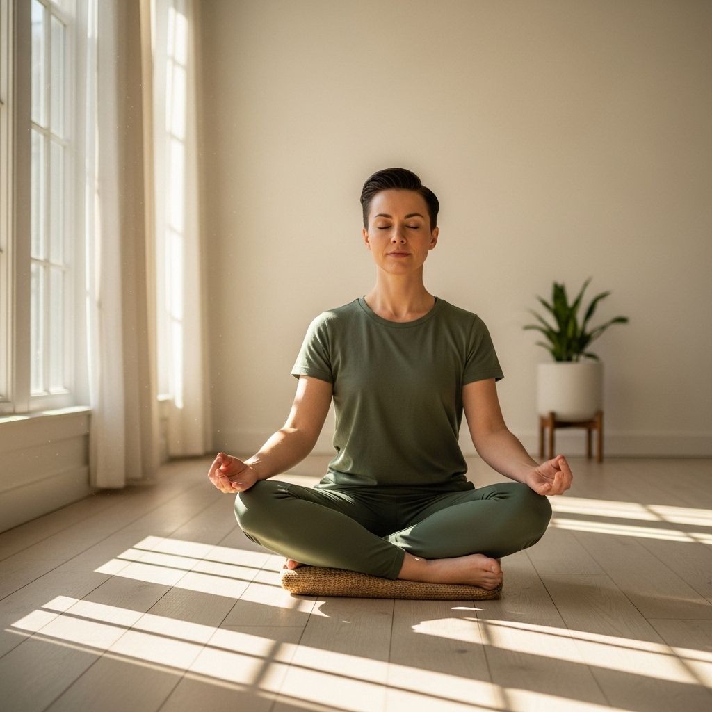 Person in peaceful meditation pose in a sunlit room with minimal decor and soft natural light streaming through large windows